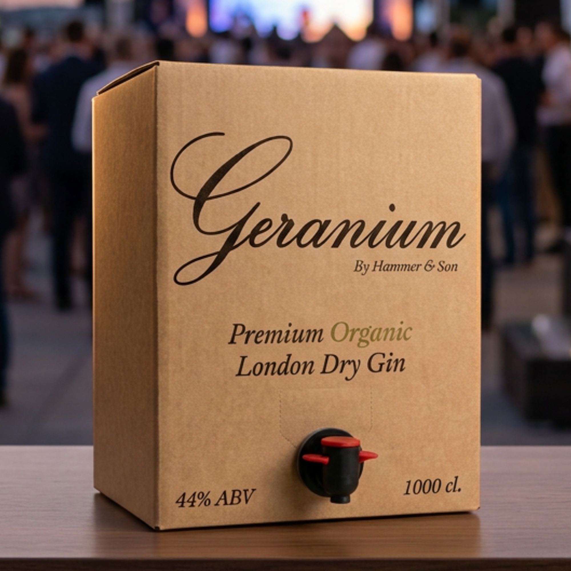 Ten-litre bag-in-box of Geranium gin at an event.