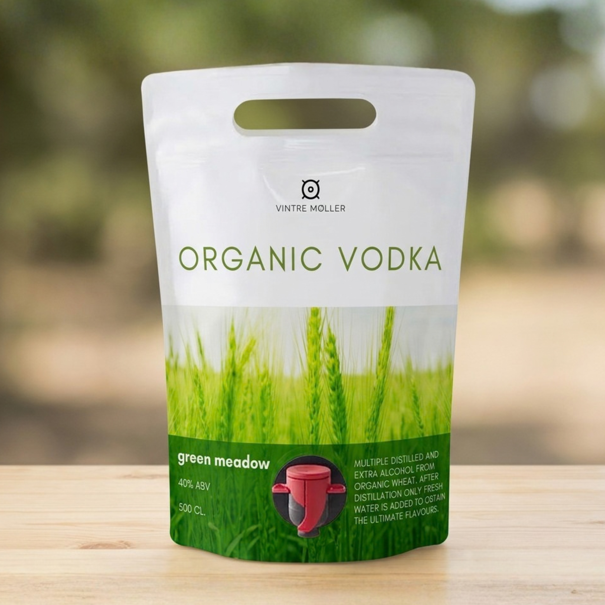 Five-litre Green Meadow Organic Vodka pouch.
